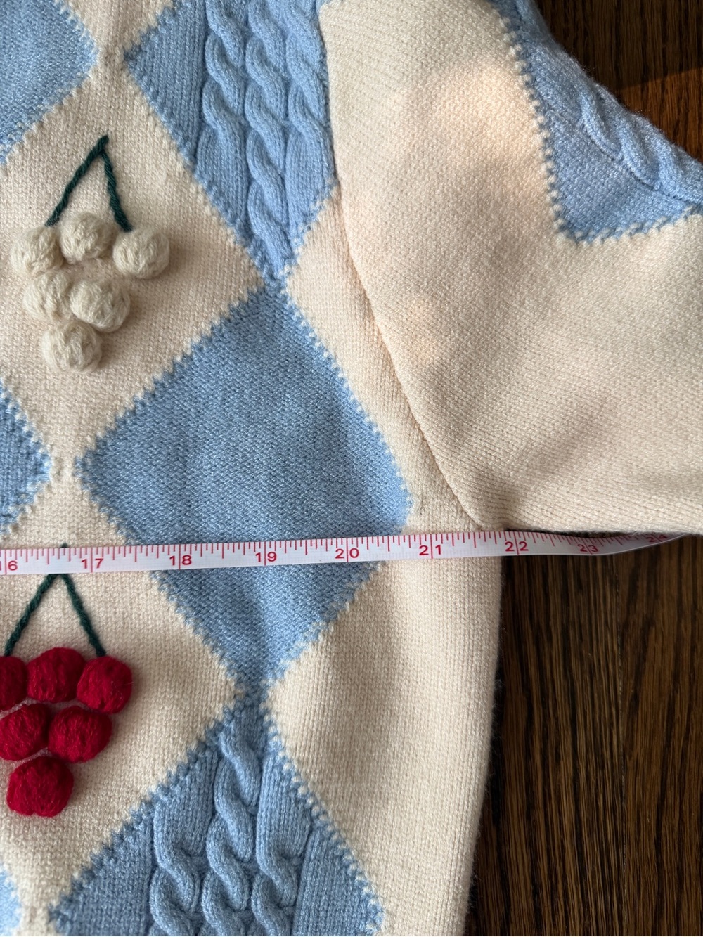 GREYLIN cardigan sweater with cherries and blue argyle pattern! So cute- Size M - Picture 5 of 6